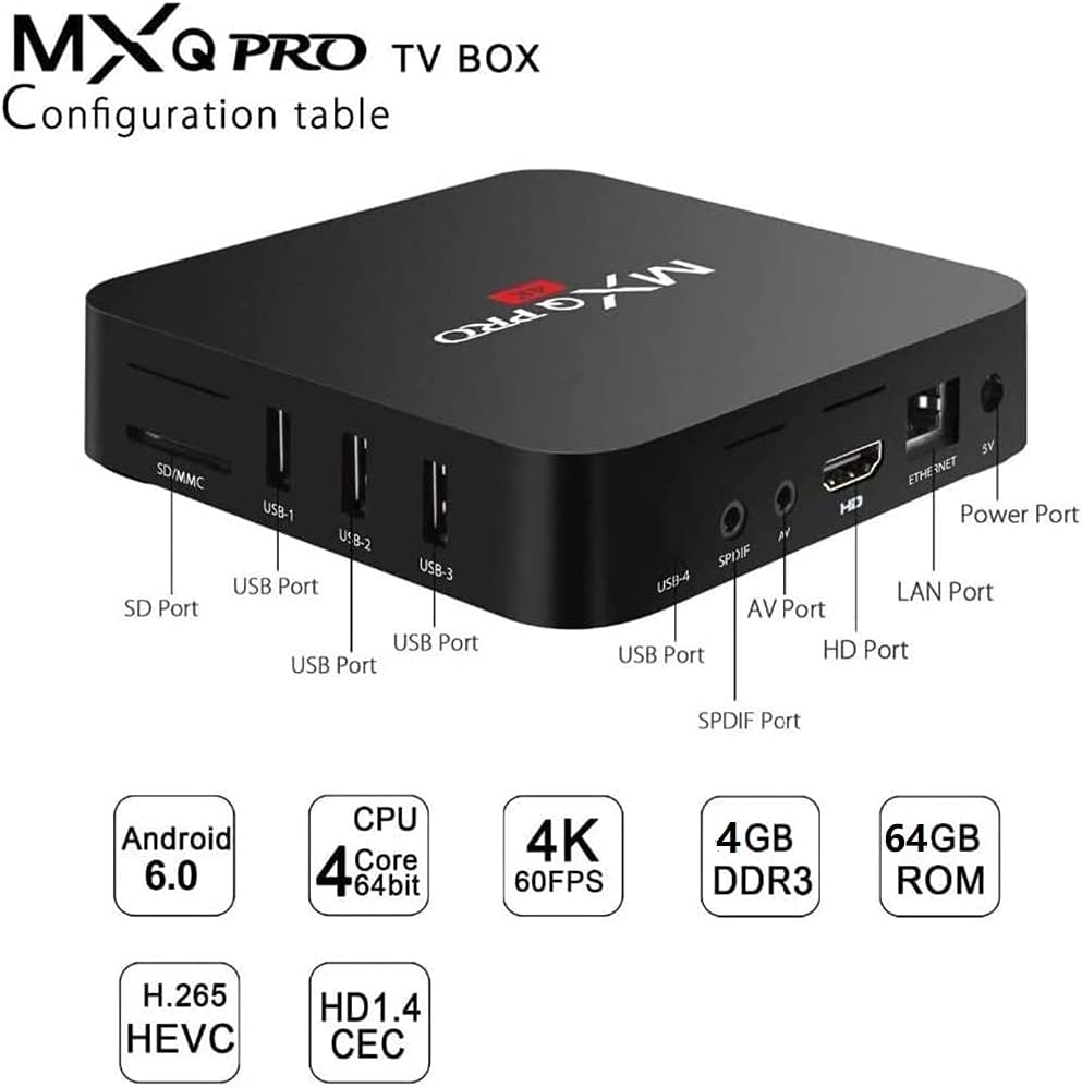 MXQ Pro Smart TV Box 4GB+64GB ,Intelligent 4K Ultra HD Media Player, work with Projector, TVs & Mobile Phones, powered by android 10.1 , International Version android tv box