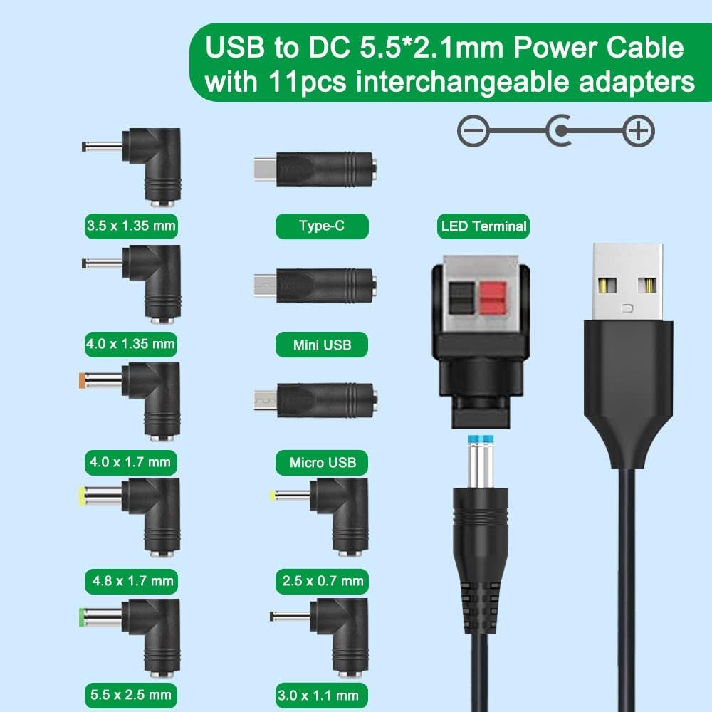 USB to DC 5V Power Cord, 5.5x2.1mm Plug Charging Cord Adapter Barrel Jack with 11 Connector (5.5x2.5, 4.8x1.7, 4.0x1.7, 4.0x1.35, 3.5x1.35, 3.0x1.1, 2.5x0.7, Micro USB, Type-C, Mini USB,LED Termina))