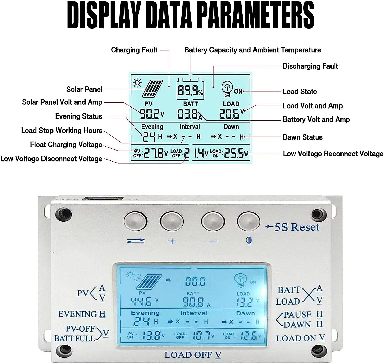OOYCYOO MPPT 30A 40A 60A 80A 100A solar charge controller display, high-definition LCD numerical control display, multi-function button display, communication interface solar charge controller display