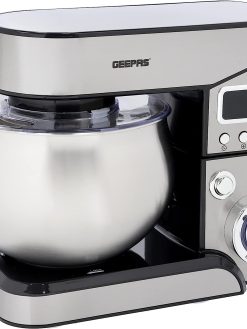 Geepas Digital Multi Function Kitchen Machine, GSM43046 6 Speed Control Electric Mixer with Dough Hook, Whisk, Beater 5L Stainless Steel Bowl Lid 1300W Powerful Motor, Silver