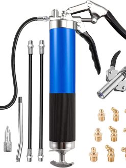 Heavy Duty Grease Gun, 7000 PSI Pistol Grip Grease Gun Kit with 1pcs Grease Gun Coupler, 1pcs Extension Rigid Pipe, 3pcs Flexible Hose and 9pcs Brass Nozzle, for Machinery, Car and Ship