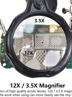SUYA Desktop LED Lighted Magnifying Glass Soldering Station, Adjustable Helping Hands Magnifier 2.5X,12X Station with Light and Alligator Clips for …