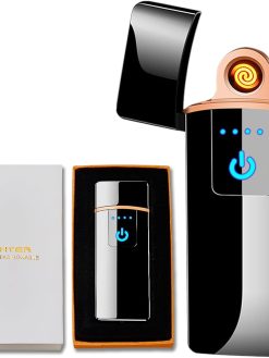 Electronic Lighter, Electric Lighter Windproof USB Rechargeable Slim Coil Lighter with Smart Fingerprint Sensor Double Side Ignition,Creative Power Indicator Flameless Lighter for Gifts(Black)
