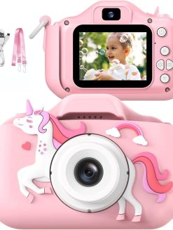 Kids Camera, ZONEY Children Digital Camera, 40MP 1080P HD Digital Video Camera with Cute Silicone Cover, Rechargable Video Recorder with 32G SD Card, Game Camera for Boys Girls Gift (Pink)