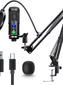 Condenser USB Microphone, Plug & Play PC Computer Microphones Kit with Adjustable Boom Arm Stand Shock Mount, One-Touch Mute for Streaming, Podcast, Studio Recording and Games 192kHz/24Bit