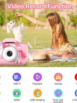 Kids Camera, ZONEY Children Digital Camera, 40MP 1080P HD Digital Video Camera with Cute Silicone Cover, Rechargable Video Recorder with 32G SD Card, Game Camera for Boys Girls Gift (Pink)