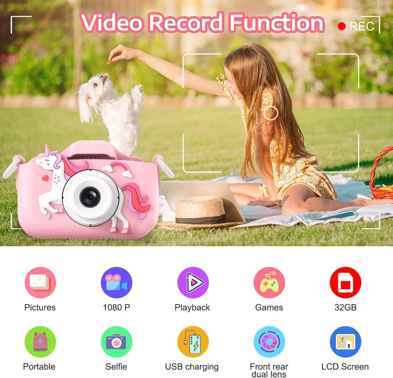 Kids Camera, ZONEY Children Digital Camera, 40MP 1080P HD Digital Video Camera with Cute Silicone Cover, Rechargable Video Recorder with 32G SD Card, Game Camera for Boys Girls Gift (Pink)