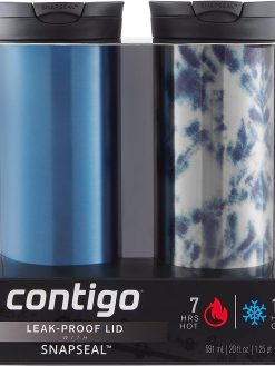 Contigo Huron Vacuum-Insulated Stainless Steel Travel Mug with Leak-Proof Lid, Keeps Drinks Hot or Cold for Hours, Fits Most Cup Holders and Brewers, 20oz 2-Pack, Blue Corn & Acid Wash