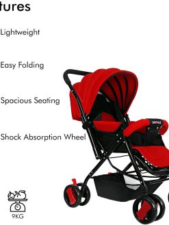 Baby Plus adjustable stroller, lightweight & foldable/compact & reversible handlebar/safety belt/wheels with suspension/reclining position/portable and flexible/unisex/ 6 to 36 months/wine red