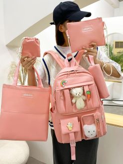 YGYCF Kawaii Backpack 5Pcs Set for Student with Cute Bear Accessories - School Bags for Teen Girls Back to School Supplies
