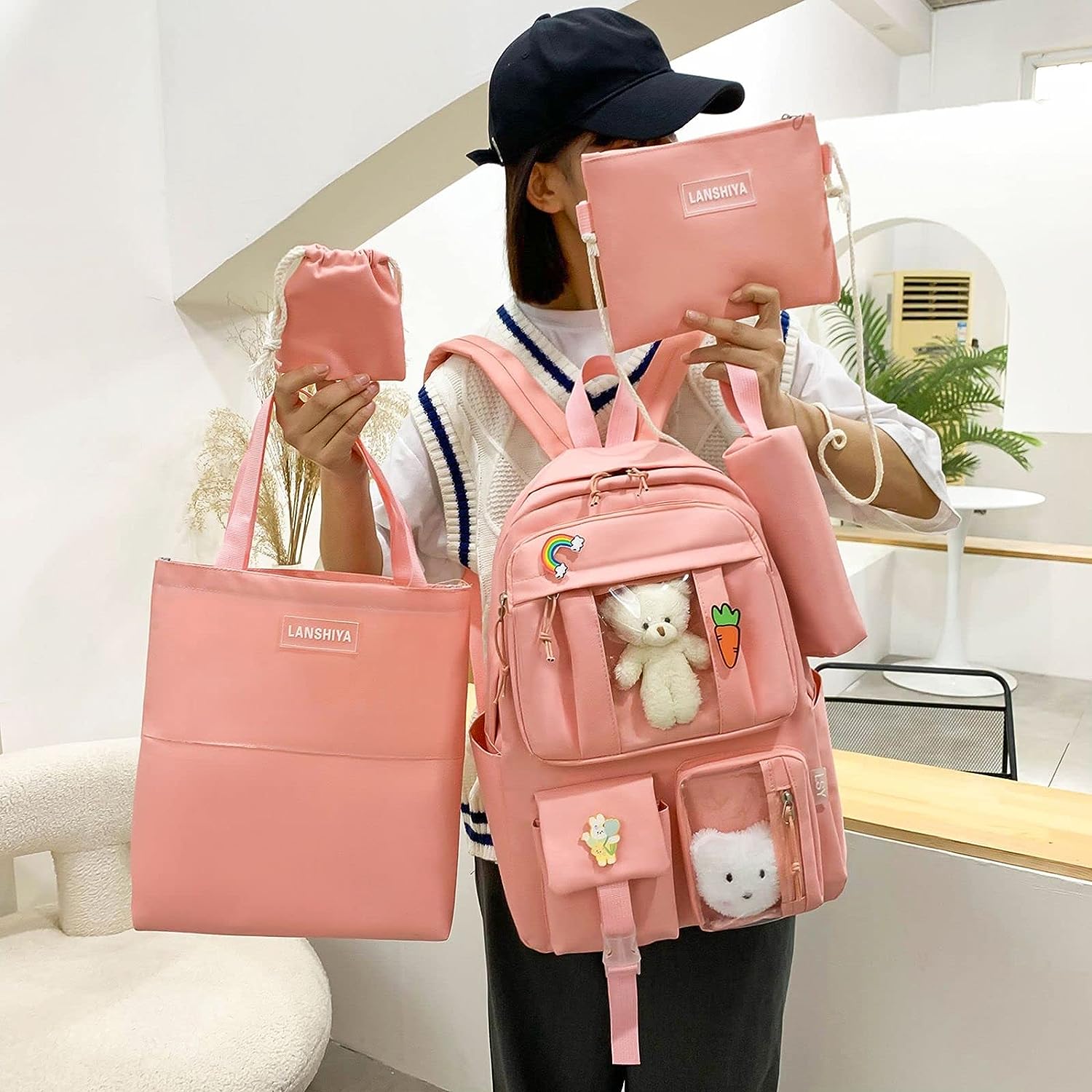 YGYCF Kawaii Backpack 5Pcs Set for Student with Cute Bear Accessories - School Bags for Teen Girls Back to School Supplies