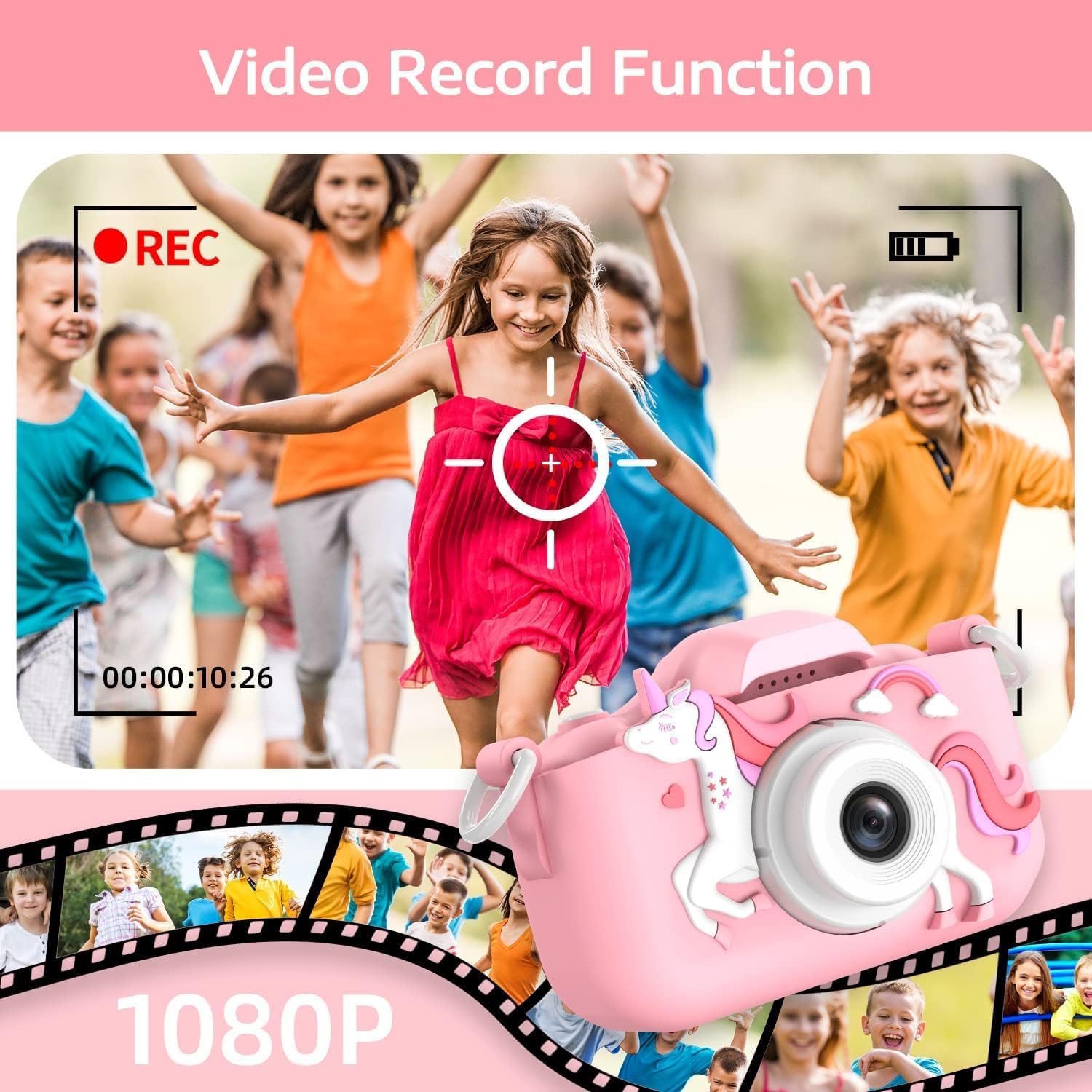 Kids Camera, ZONEY Children Digital Camera, 40MP 1080P HD Digital Video Camera with Cute Silicone Cover, Rechargable Video Recorder with 32G SD Card, Game Camera for Boys Girls Gift (Pink)