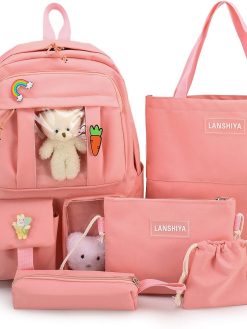 YGYCF Kawaii Backpack 5Pcs Set for Student with Cute Bear Accessories - School Bags for Teen Girls Back to School Supplies