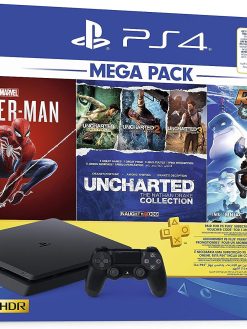 Sony PlayStation 4 Slim 500 GB Console with Two DualShock 4 Controllers with 3 Games: Ratchet & Clank, Spiderman, Uncharted Collection with 3 Months PSN+ Subscription