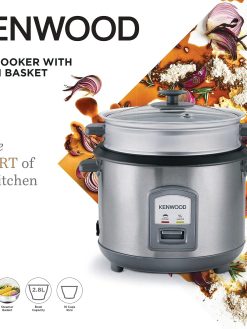KENWOOD 2-in-1 Rice Cooker 2.8L 16-Cups Rice with Food Steamer Basket, Non-Stick Cooking Pot, Temepered Glass Lid, Warm/Cook Lights, Spatula Holder, Detachable Cord RCM71.000SS Silver