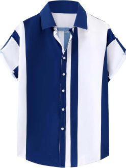 GORGLITTER Men's Color Block Striped Print Collar Short Sleeve Casual Button Up Shirts
