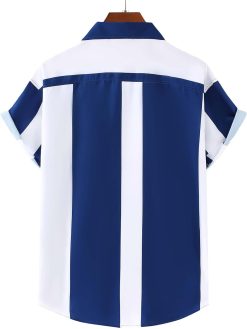 GORGLITTER Men's Color Block Striped Print Collar Short Sleeve Casual Button Up Shirts