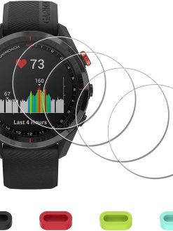[4 Pack] Screen Protector for Garmin Approach S62 Watch + Silicone Anti-dust Plugs, iDaPro Tempered Glass Anti-Scratch Bubble-Free Easy Installation