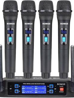 Wireless Microphone System, BOMGE Pro 4-Channel Cordless Mic Set with Four Handheld Mics, Fixed Frequency, Long Range 200ft, Ideal for Church,Karaoke, Events (V410)