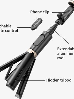 Tycom Selfie Stick For Phone Size 4.5-6.2Inch, Extendable to 85cm Selfie Stick Tripod with Bluetooth Wireless Remote Phone Holder (Q12 Black)