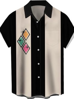 Men's Striped Fashion Shirts Button Down Short Sleeve Vintage Hawaiian Bowling Shirt Casual Camp Beach Tops