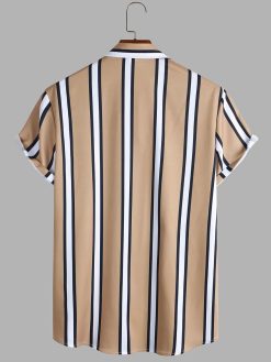 GORGLITTER Men's Striped Print Button Down Collar Neck Short Sleeve Shirt Top