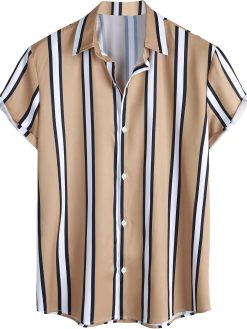GORGLITTER Men's Striped Print Button Down Collar Neck Short Sleeve Shirt Top