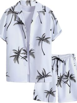 GORGLITTER Men's 2 Piece Outfits Tree Print Button Down Shirts and Drawstring Waist Shorts