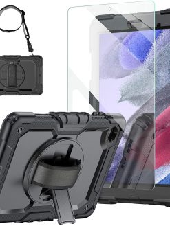 JSUSOU Samsung Galaxy Tab A7 Lite Case 2021 8.7'' with Tempered Glass Screen Protector Pencil Holder, Kids Case for Tablet A7 Lite SM-T225/T220/T227 Cover w/Hand Shoulder Strap Stand, Black