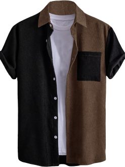 GORGLITTER Men's Color Block Short Sleeve Collar Neck Casual Business Button Down Shirts