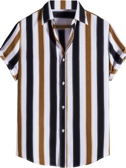 GORGLITTER Men's Striped Short Sleeve Regular Fit Poplin Button Down Shirts