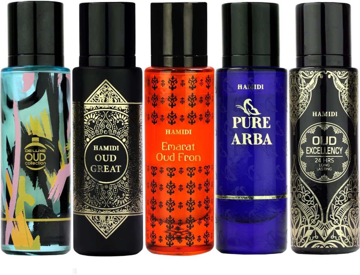 Hamidi Non Alcoholic Deluxe Collection 30ML Perfumes Pack of 5 Assorted, Oud Amwaj, Oudh Great, Emarat Oud Fron, Pure Arba, Oud Excellency, Perfume For Men & Women, Long Lasting, Fragrance, Gift Set