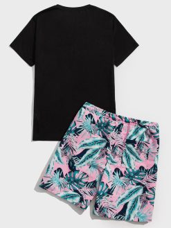 GORGLITTER Men's 2 Piece Outfits Boho Tropical Print Tee and Drawstring Waist Track Shorts
