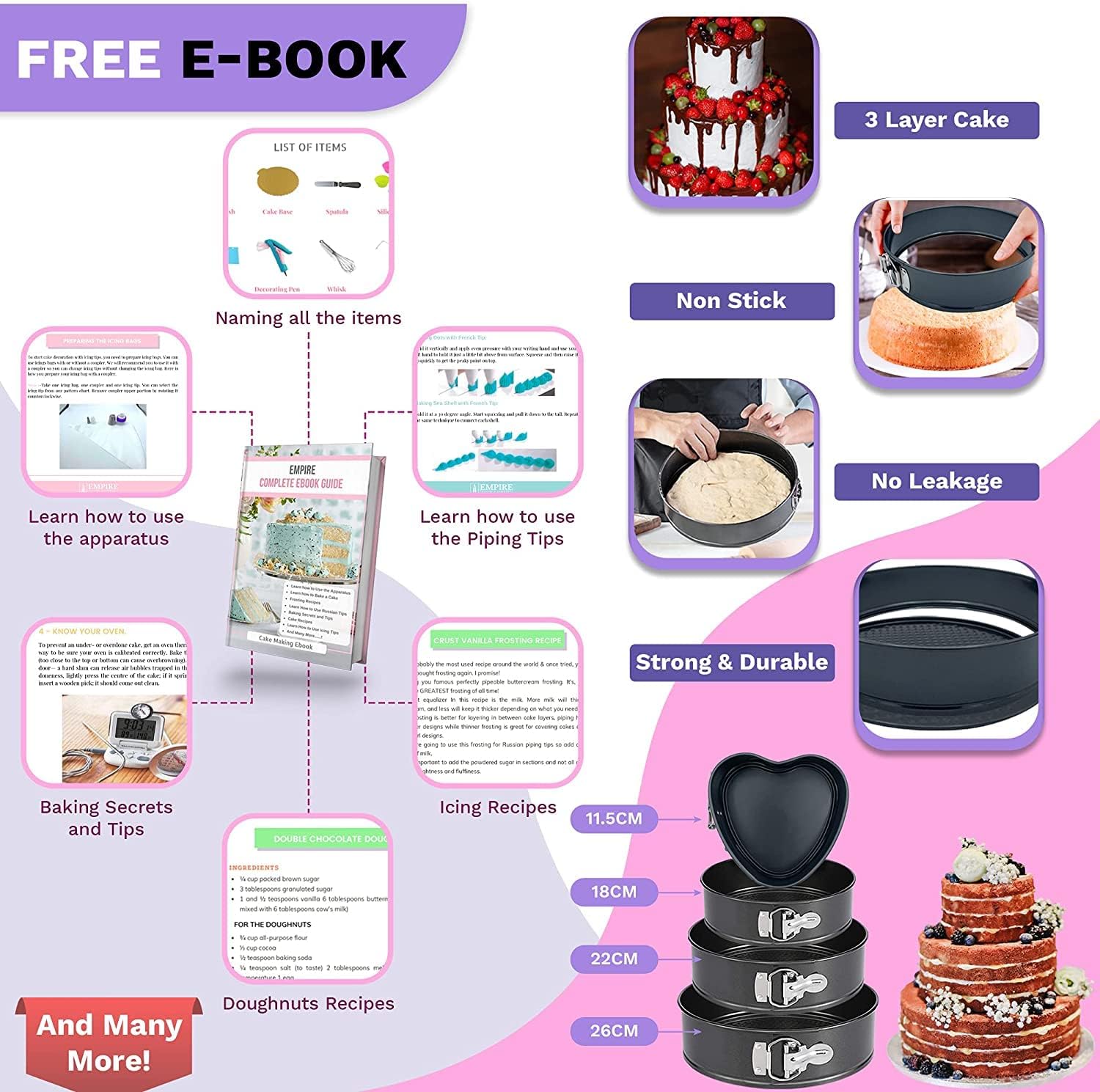 Empire Cake Decorating Supplies 332 Pieces, Baking Set with 4 Baking Trays, FREE CAKE DECORATING E-BOOK, Baking Supplies with 100 Piping Bags, 48 Small Piping Nozzles, Cake Decorating Equipment