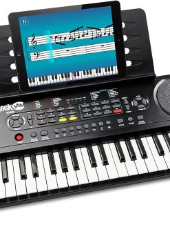 RockJam 49 Key Keyboard Piano with Power Supply, Sheet Music Stand, Piano Note Stickers & Simply Piano Lessons., Black