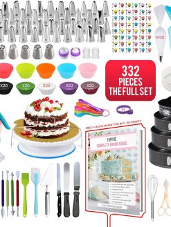 Empire Cake Decorating Supplies 332 Pieces, Baking Set with 4 Baking Trays, FREE CAKE DECORATING E-BOOK, Baking Supplies with 100 Piping Bags, 48 Small Piping Nozzles, Cake Decorating Equipment