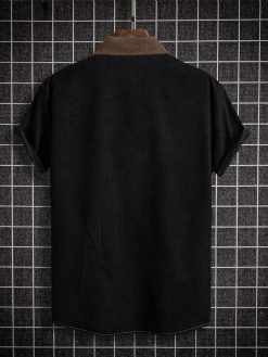 GORGLITTER Men's Color Block Short Sleeve Collar Neck Casual Business Button Down Shirts