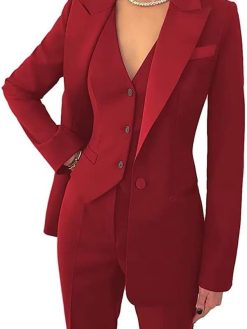 Women's 3 Piece Suits Blazer Coat Notched Lapel Jacket for Work Set Casual Office Lady Business Suit Set with Pockets