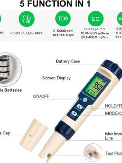 Digital PH Meter, 5 in 1 PH/EC/TDS/Salinity/Temp Meter for Water, High Accuracy Digital Multi-Function Water Testing Kits for Water, Fish Tank, Pools and Hydroponics