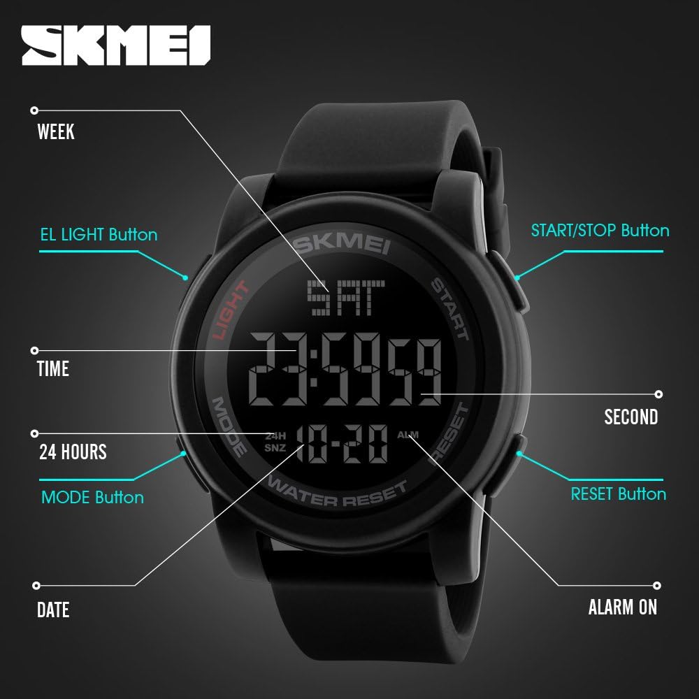 SKMEI Men's Digital Sports Wrist Watch LED Screen Large Face Electronics Military Watches Waterproof Alarm Stopwatch Back Light Outdoor Casual Black Watch - 1257