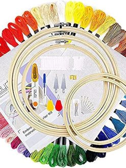 Full Range of Embroidery Starter Kit Including 5 Pieces Bamboo Embroidery Hoops 50 Random Color Threads and 9 Pcs Random Color Cross Stitch Tool Kit