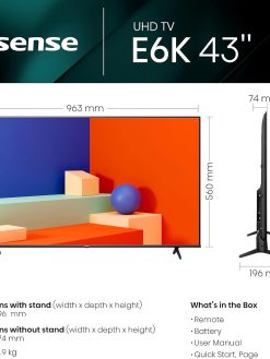 Hisense 43 Inch TV 4K UHD Smart with Dolby Vision Pixel Tuning Share TV Game Mode Plus Youtube Netflix Shahid - 43E6K (2023 model)
