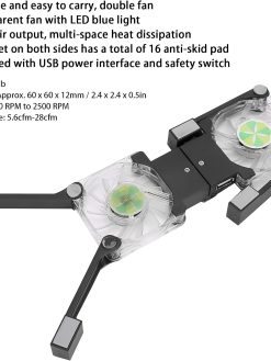 Laptop Cooling Pad, Portable Laptop Cooling Fan Stand, Folding Laptop Cooling Pad Double Fans LED Blue Light Notebook Computer Cooler(Black)