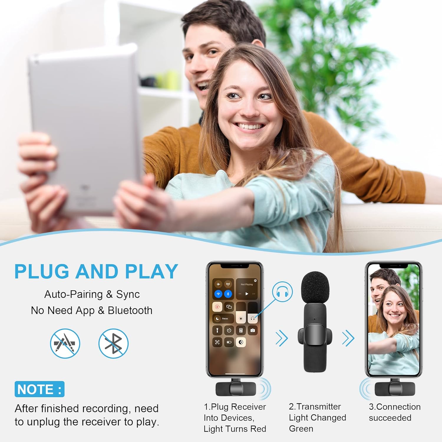 Wireless Lavalier Microphone for Type-C Phone- Plug-Play Wireless Mic with 2 Microphone for USB-C Android Phone Video Recording- Interview- Vlog- Auto Sync and Noise Reduction- 2.4G