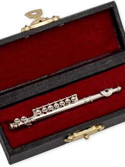Silver Flute Music Instrument Miniature Replica on Stand with Case, Size 3 in.