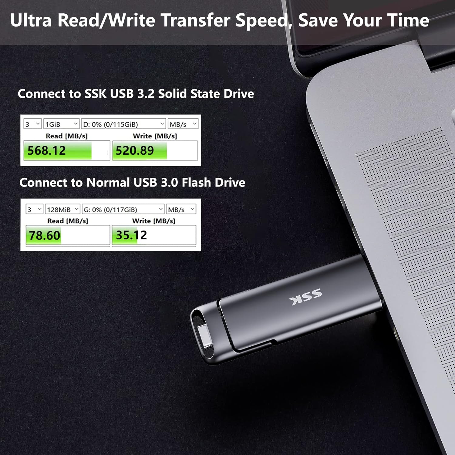 SSK 256GB USB C Drive Up to 550MB/s, Fast USB Stick Dual Drive Type-c +USB A USB3.2 Gen2 Solid State Drive, External SSD USB Memory Stick for Android Phone Laptop Tablet Mac Business Travel Essential