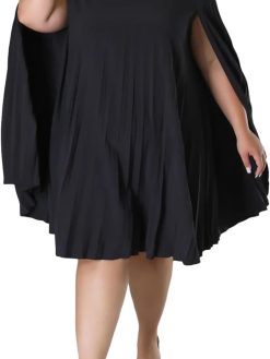 Women's Plus Size Stylish Casual Dress Elegant Cape Sleeve Loose Pleated Cocktail Party Knee Length Dress (Color : Black, Size : XXL)