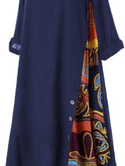 Amaonz Fashion Plus Size Women's Vintage O Neck 3/4 Sleeve Side Printed Loose Long Dress