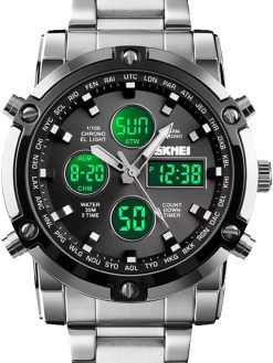 SKMEI Mens Wrist Watch, Waterproof Military Analog Digital Watches with LED Multi Time Chronograph, Stainless Steel Business Watches for Men