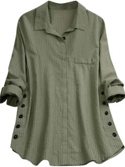 TINGZI Women Casual Loose Pocket Linen Plus Size Stripe Button Long Shirt Blouse Tops Button Down Loose Comfy Tunic